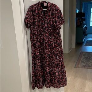 Victoria, Dunn dark floral and bird print button down dress